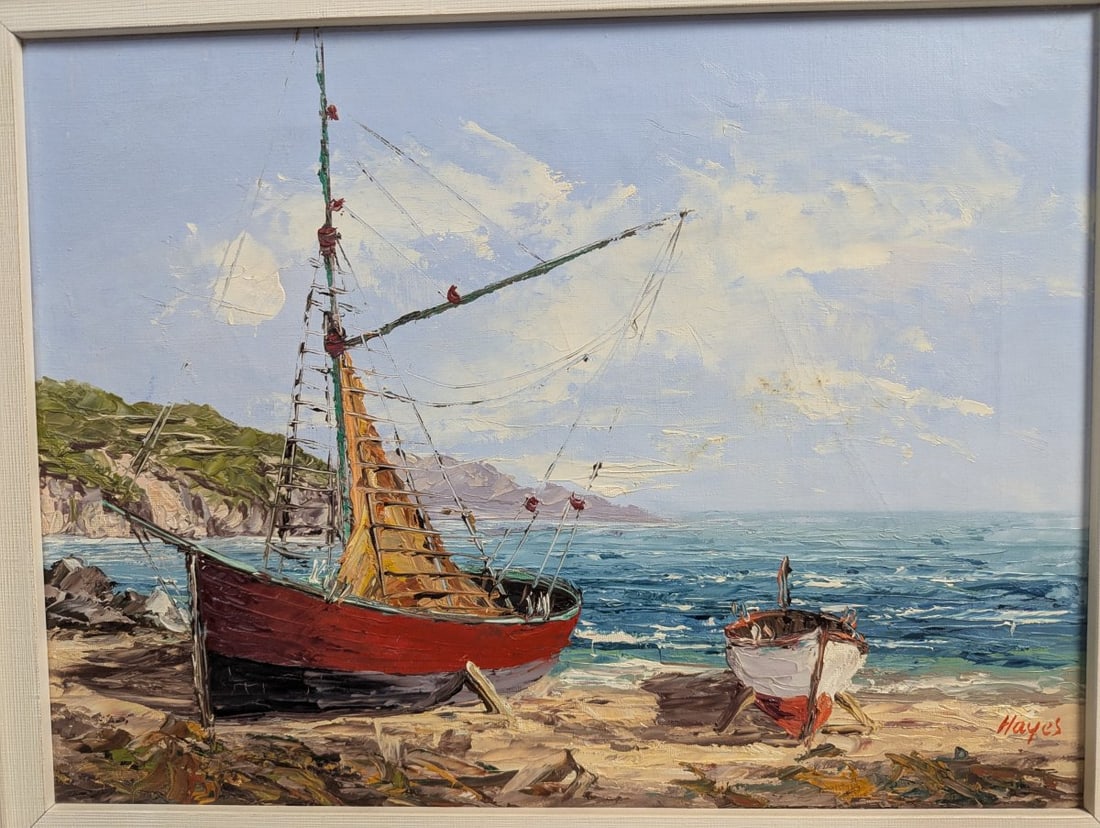 Stunning Seascape with Boats by Hayes Original Oil on Canvas Artwork - 2