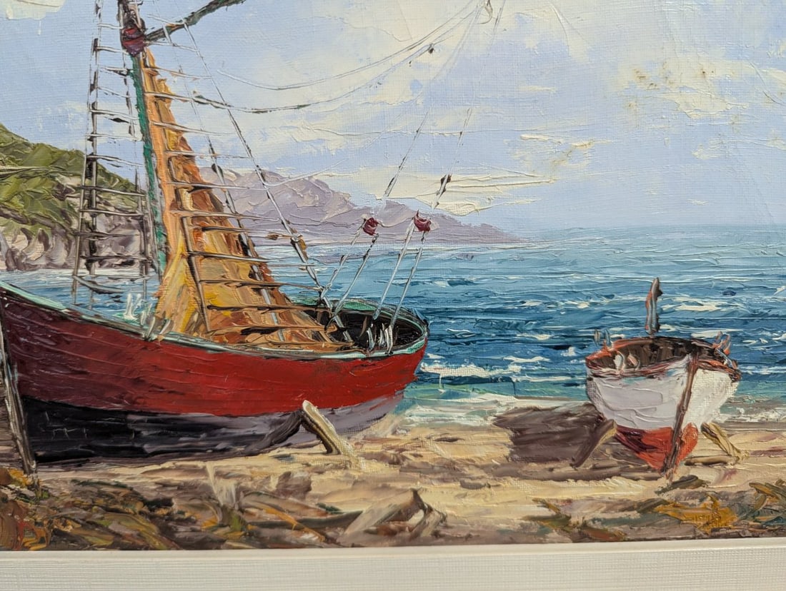 Stunning Seascape with Boats by Hayes Original Oil on Canvas Artwork - 7