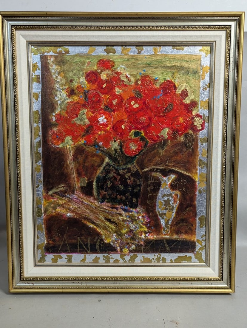 Roy Fairchild Fleurs Rouge II Limited Edition Embellished Serigraph Art: **Important** Please read below description on how to avoid high shipping costs. Discover the exquisite Roy Fairchild 'Fleurs Rouge II', a limited edition embellished serigraph, hand-numbered 52/85.