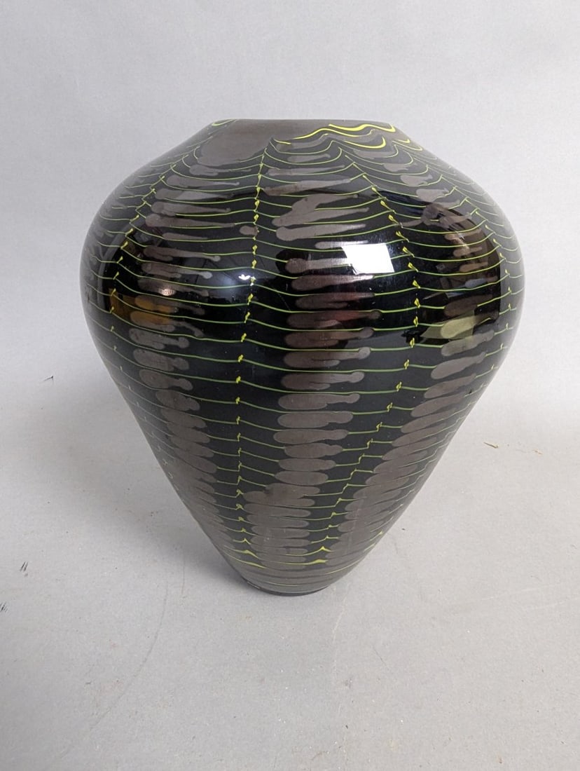 Unique Hand Blown Art Glass Vase Modern Design Collectible Decor: **Important** Please read below description on how to avoid high shipping costs. Discover this striking hand-blown art glass vase, standing 9 inches high with an 8-inch diameter. It features a unique