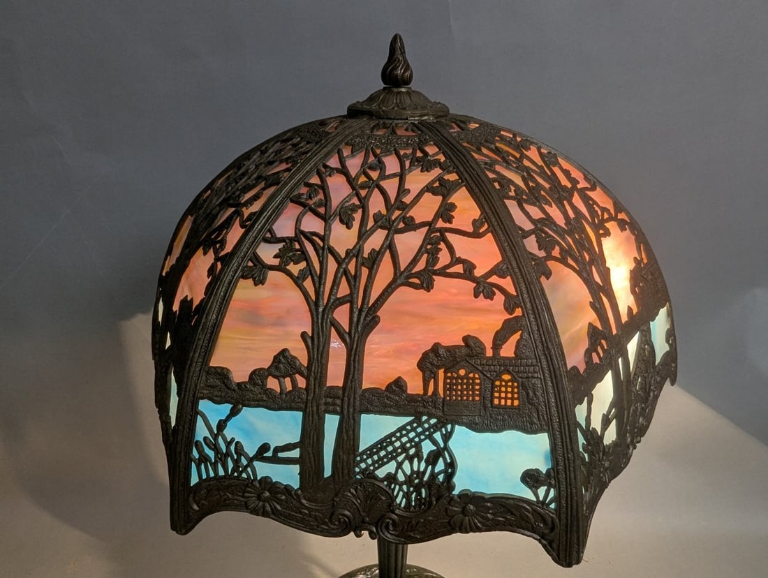 Miller Co Stained Glass Table Lamp Beautiful Scenic Design - 14