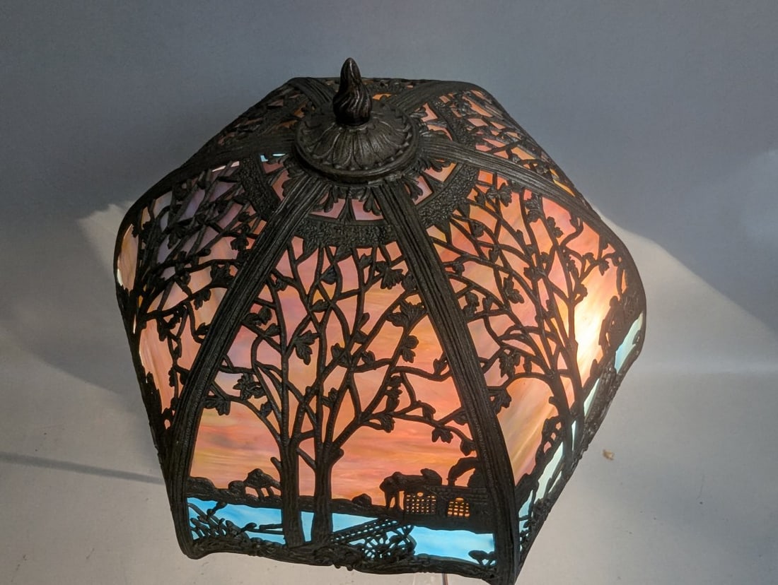 Miller Co Stained Glass Table Lamp Beautiful Scenic Design - 5