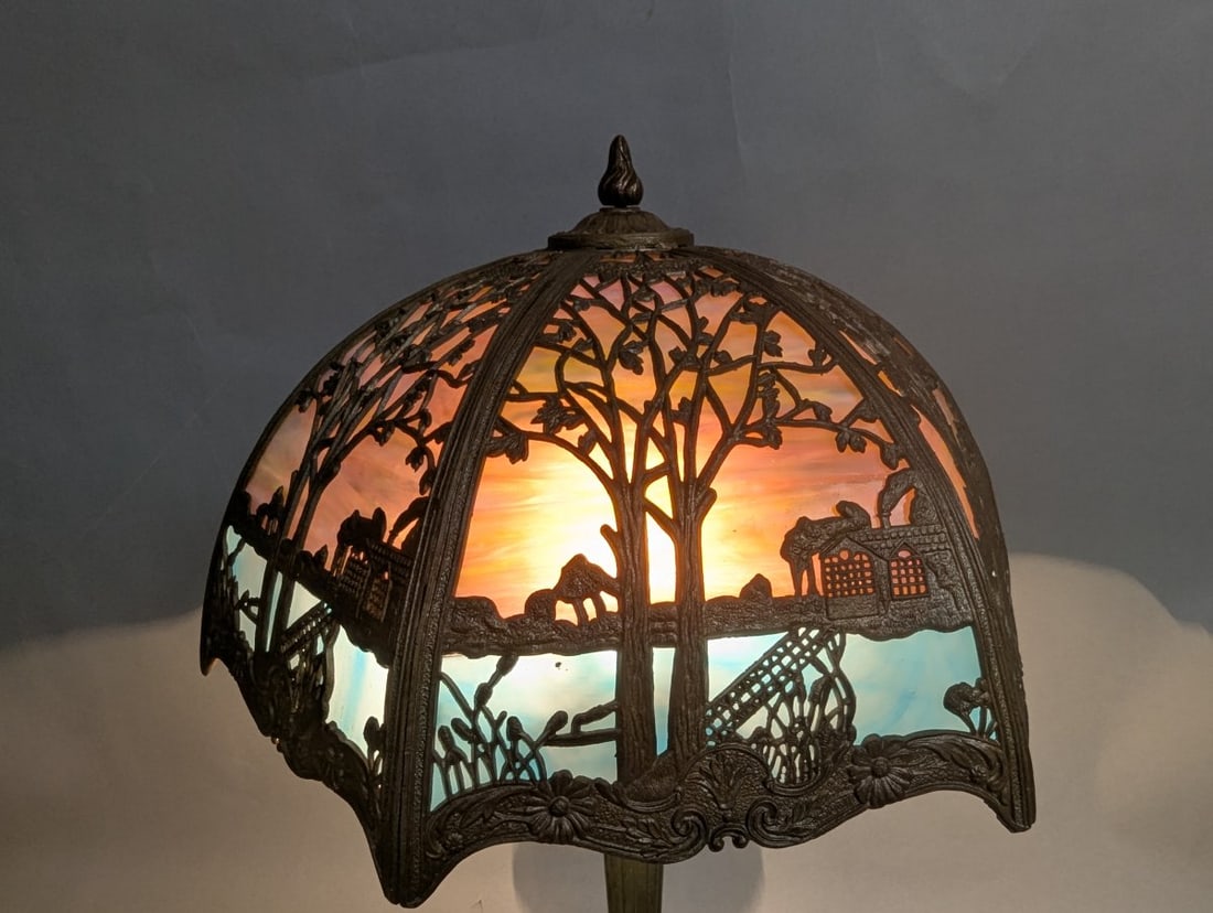 Miller Co Stained Glass Table Lamp Beautiful Scenic Design - 6