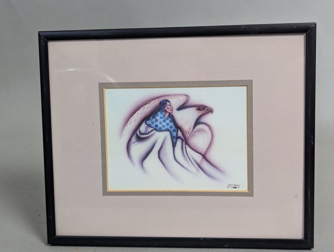 Framed Robert Redbird Artwork Capturing Kiowa Culture and Legends: **Important** Please read below description on how to avoid high shipping costs. Embrace the rich cultural heritage of the Kiowa people with this stunning framed artwork by Robert Redbird. Measuring 1