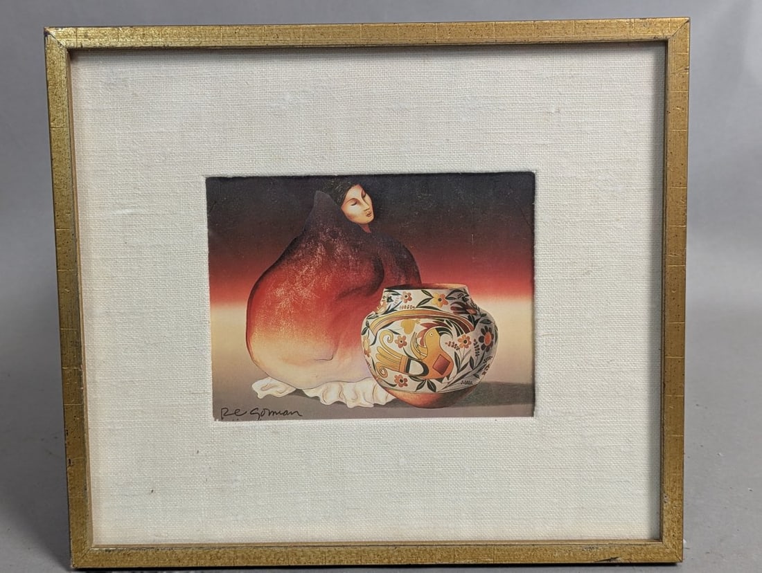 Framed RC Gorman Zia Jar Native American Art Print: **Important** Please read below description on how to avoid high shipping costs. Discover a captivating piece of art history with this framed print by the renowned Native American artist R.C. Gorman,