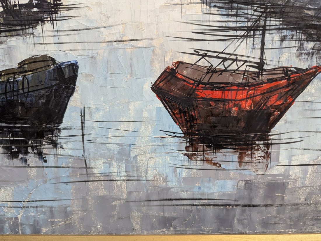 Vintage Mid Century Impasto Oil Painting Harbor Scene by Gilbert - 10