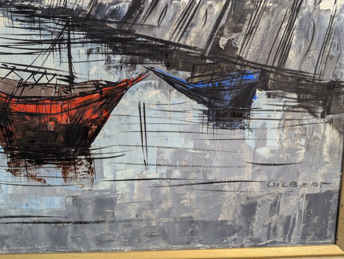 Vintage Mid Century Impasto Oil Painting Harbor Scene by Gilbert - 11