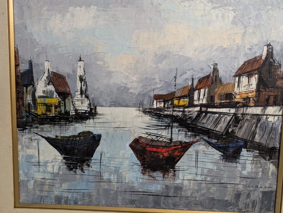 Vintage Mid Century Impasto Oil Painting Harbor Scene by Gilbert - 2