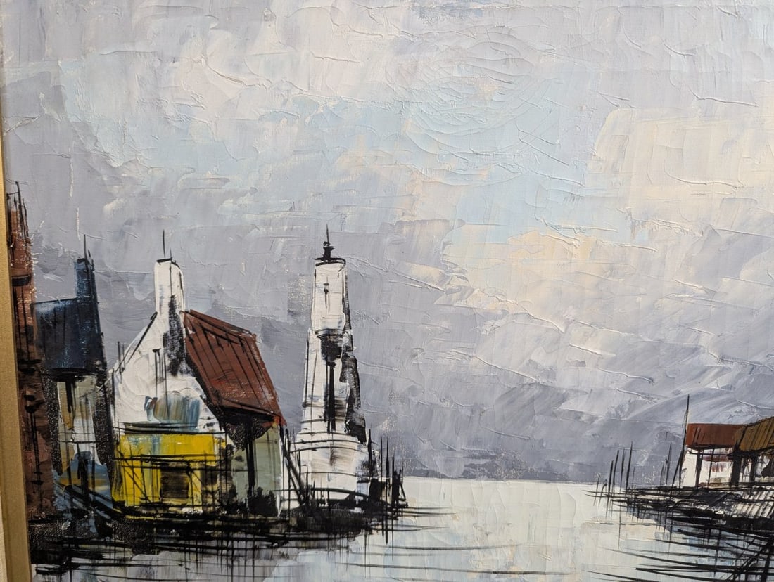 Vintage Mid Century Impasto Oil Painting Harbor Scene by Gilbert - 3