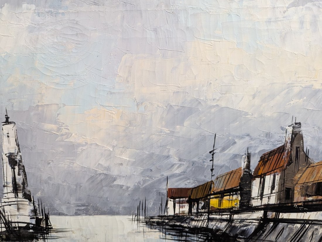 Vintage Mid Century Impasto Oil Painting Harbor Scene by Gilbert - 4