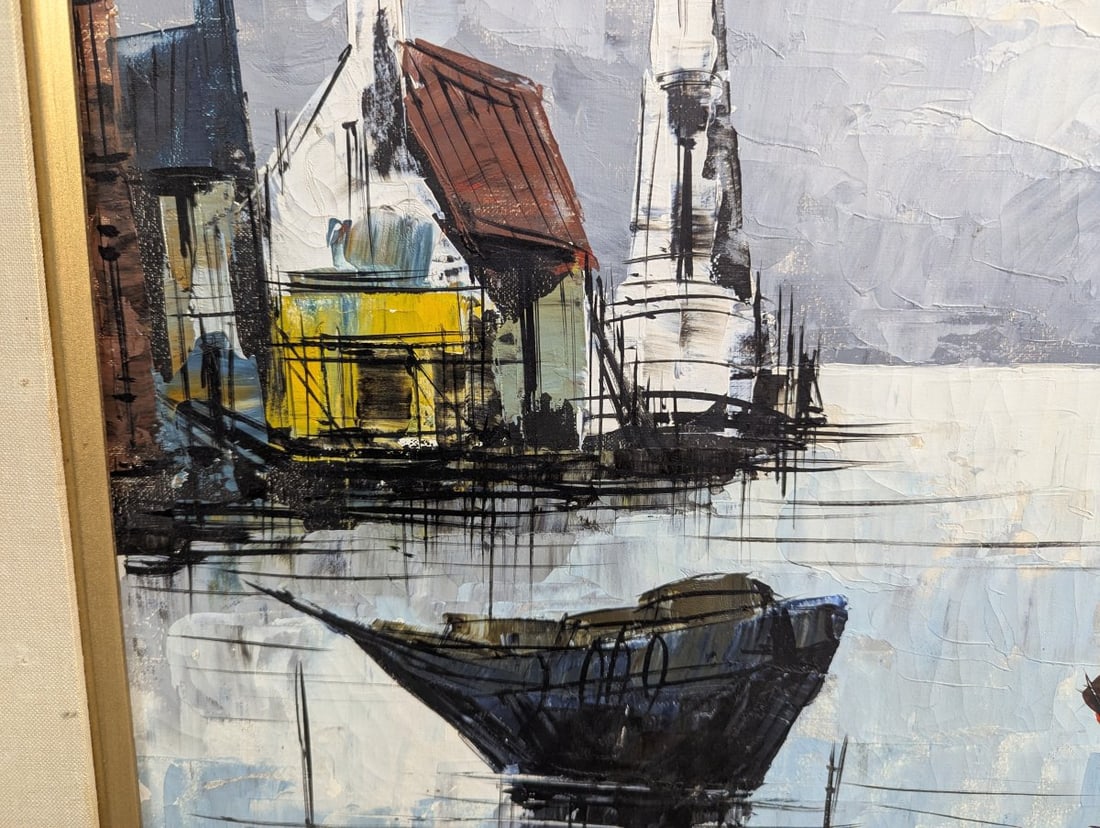 Vintage Mid Century Impasto Oil Painting Harbor Scene by Gilbert - 6