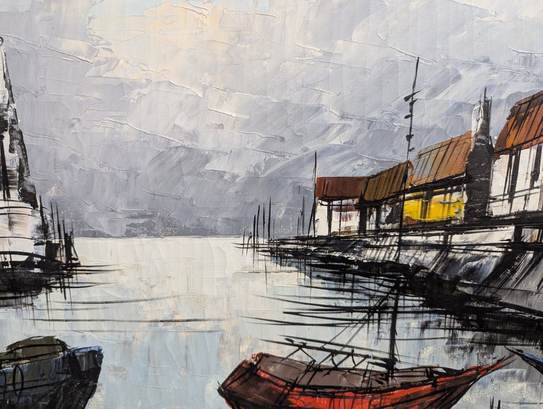Vintage Mid Century Impasto Oil Painting Harbor Scene by Gilbert - 7