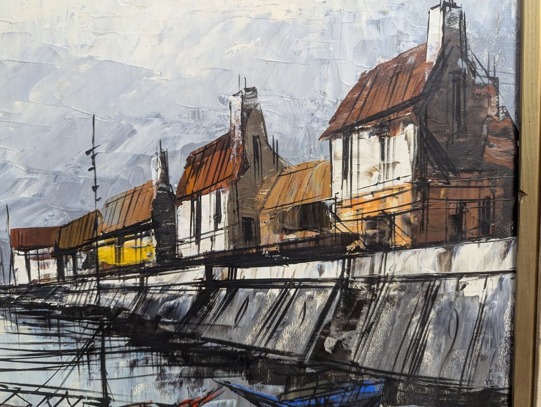 Vintage Mid Century Impasto Oil Painting Harbor Scene by Gilbert - 8