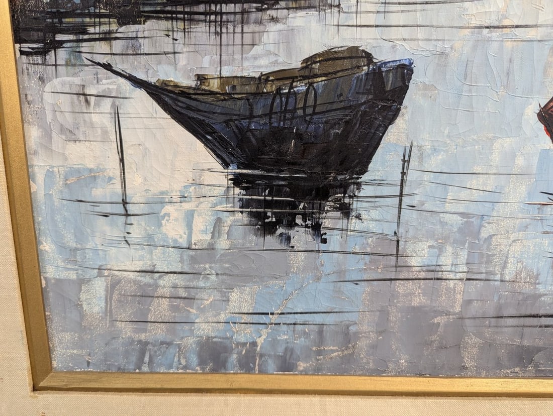 Vintage Mid Century Impasto Oil Painting Harbor Scene by Gilbert - 9