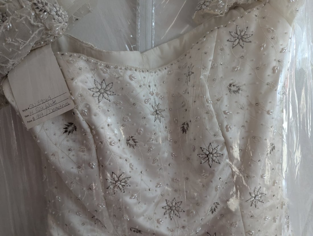 Elegant Demetrios Silk White Beaded Wedding Gown - 3