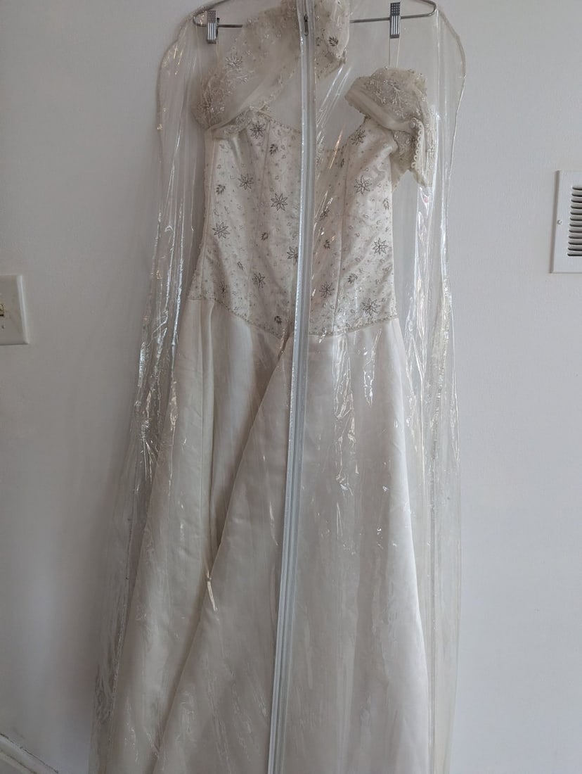 Elegant Demetrios Silk White Beaded Wedding Gown - 8