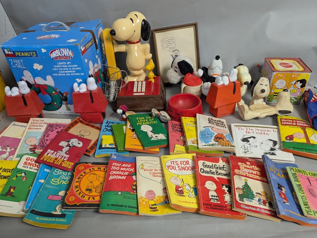 Huge Peanuts Memorabilia Collection Vintage Toys Figurines Books: **Important** Please read below description on how to avoid high shipping costs. Don't miss this huge lot featuring a collection of Peanuts-themed memorabilia! Boios have wear and are dirty. This