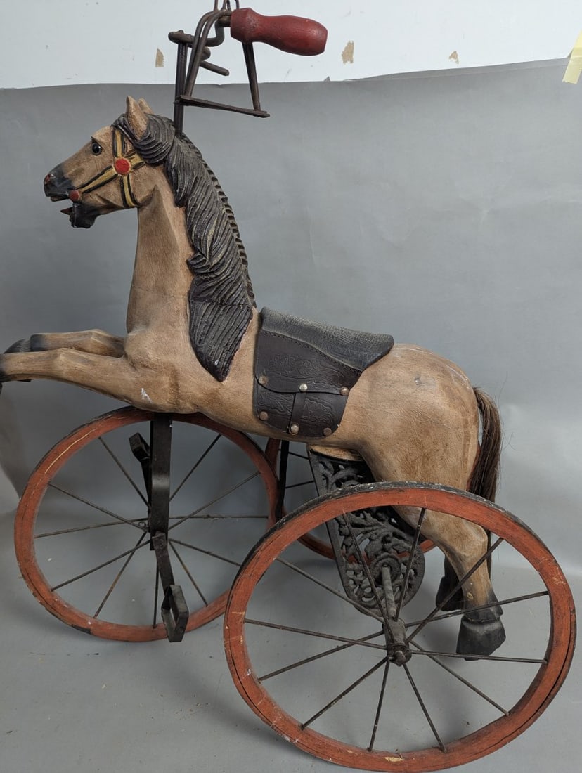 Charming Horse Tricycle Ideal for Collectors and Decor Enthusiasts: **Important** Please read below description on how to avoid high shipping costs. Explore this delightful horse tricycle, perfect for collectors and decorators alike! Measuring 35 high x 32 wide x 20