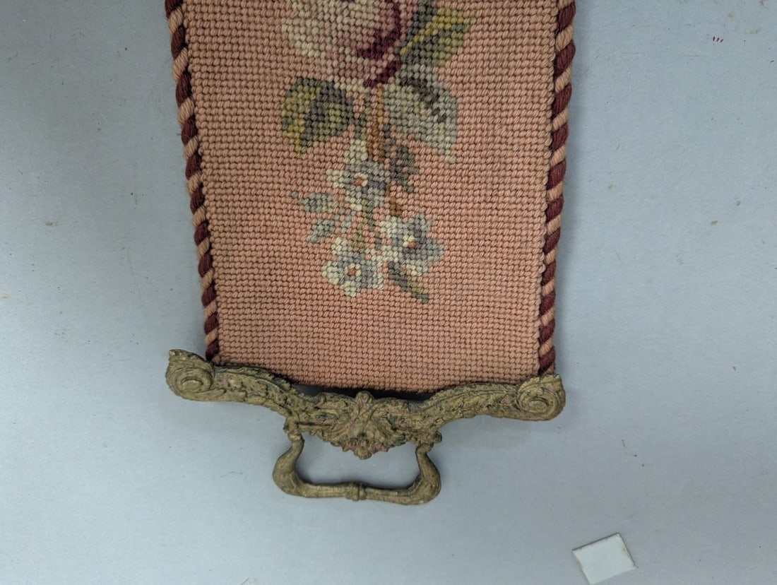Antique Floral Needlepoint Bell Pull with Ornate Hardware - 2