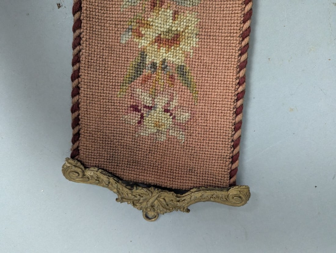 Antique Floral Needlepoint Bell Pull with Ornate Hardware - 6