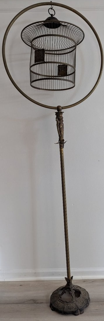 Antique Brass Bird Cage with Cast Iron Stand Unique Home Decor: **Important** Please read below description on how to avoid high shipping costs. This exquisite antique brass bird cage stands at 42 inches high, with a depth of 24 inches and a width of 14 inches. Cr