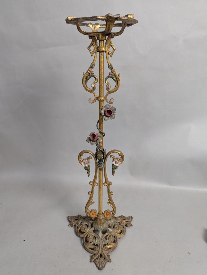 Art Deco Painted Cast Iron Floor Ashtray Aged Charm Missing Insert - 7