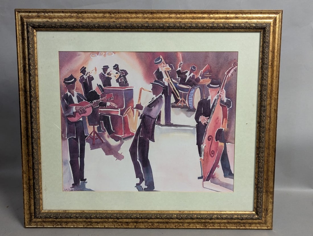 Framed Jazz Band Art by Deborah Ledoux Colorful Musical Scene: **Important** Please read below description on how to avoid high shipping costs. This stunning framed jazz band painting by Deborah Ledoux measures 38 x 24 inches, featuring a vibrant image of size