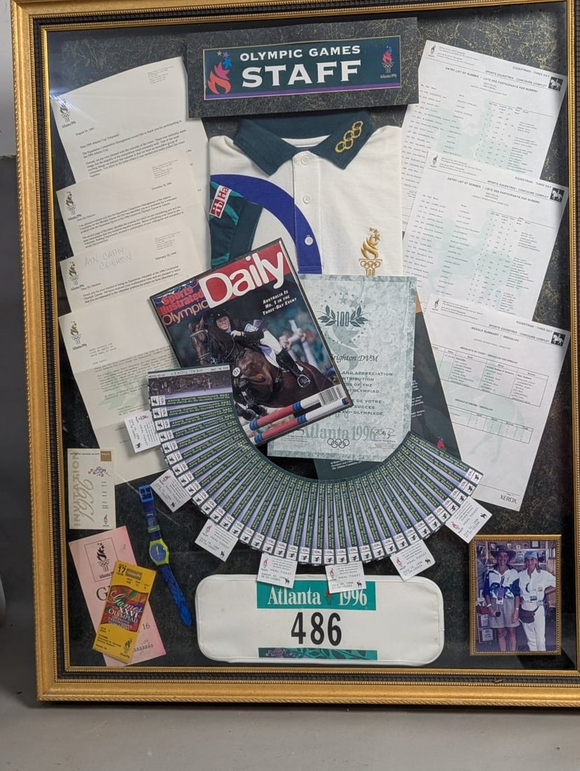 1996 Atlanta Olympics Equestrian Memorabilia Collection Framed: **Important** Please read below description on how to avoid high shipping costs. Discover this impressive 35 x 43 x 3 inches framed shadow box featuring exclusive memorabilia from the 1996 Atlanta