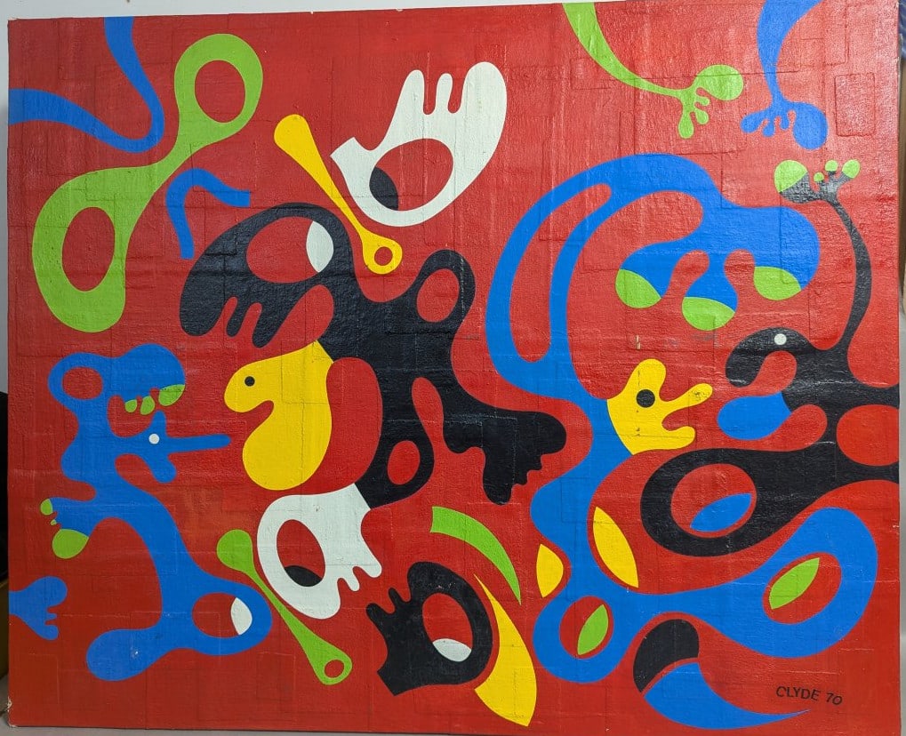 Vibrant Abstract Oil Painting by Clyde 1970: **Important** Please read below description on how to avoid high shipping costs. Discover a captivating piece of art from 1970, featuring bold abstract shapes and colors. This oil on board artwork