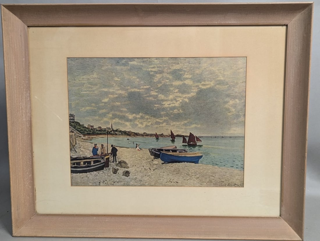 Vintage Framed Print of Claude Monet's The Beach at Sainte-Adresse: **Important** Please read below description on how to avoid high shipping costs. This exquisite vintage framed print measures 28 x 22 inches overall, showcasing a 17 x 12 3/4 inch reproduction of Clau
