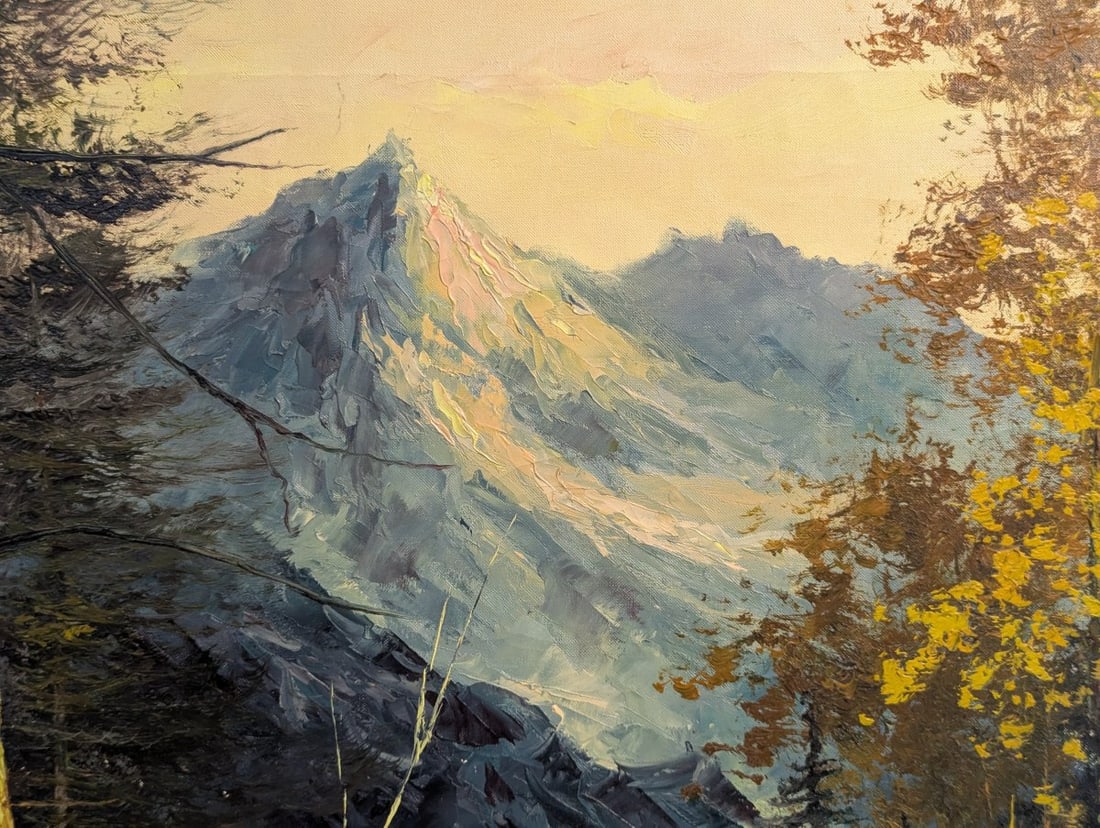 Majestic Unsigned Oil Painting of Mountain Landscape on Canvas - 4