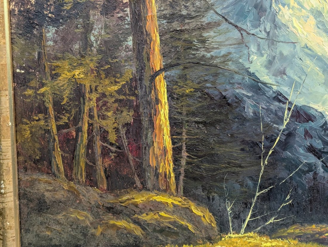 Majestic Unsigned Oil Painting of Mountain Landscape on Canvas - 6