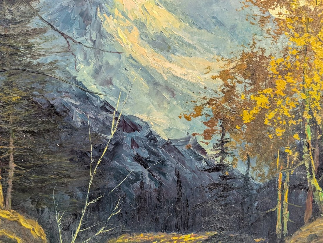 Majestic Unsigned Oil Painting of Mountain Landscape on Canvas - 7