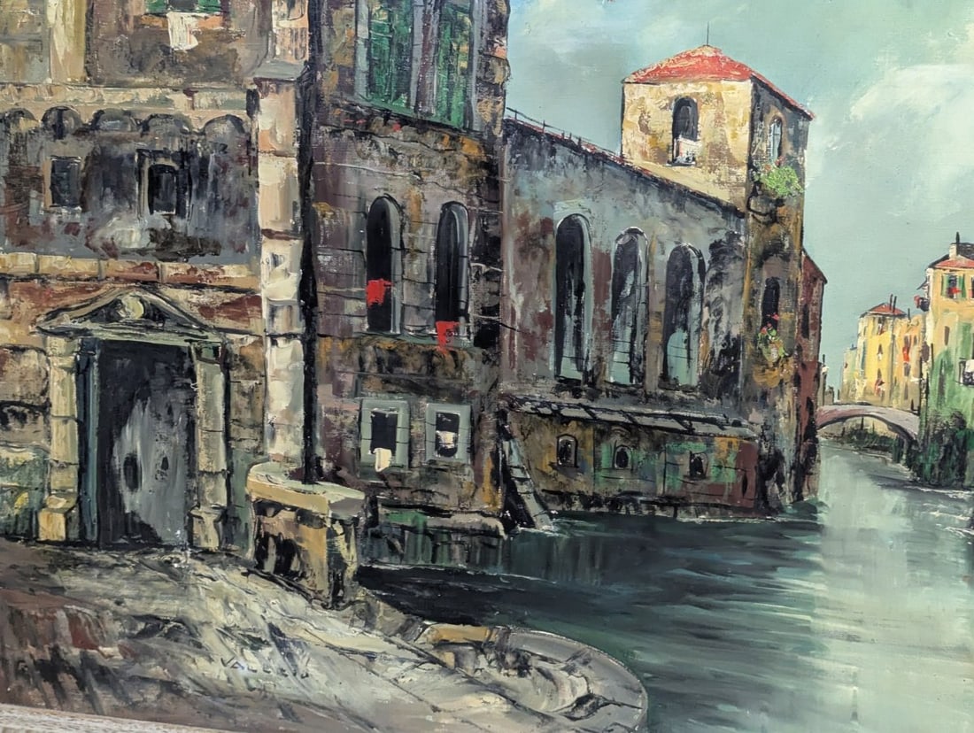 Signed Venetian Canal Scene Oil Painting by Valdi - 5