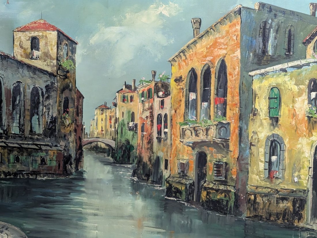 Signed Venetian Canal Scene Oil Painting by Valdi - 6