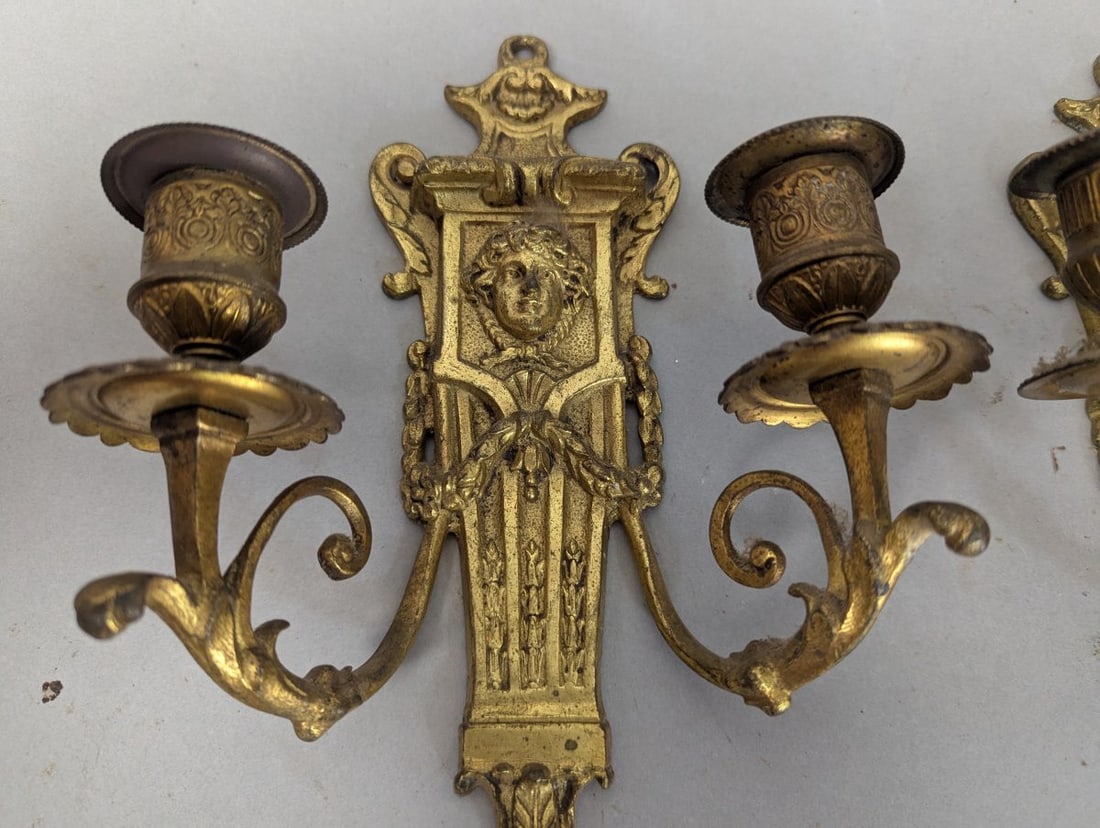 Stunning Antique Neoclassical Brass Two-Arm Wall Sconce Pair - 3