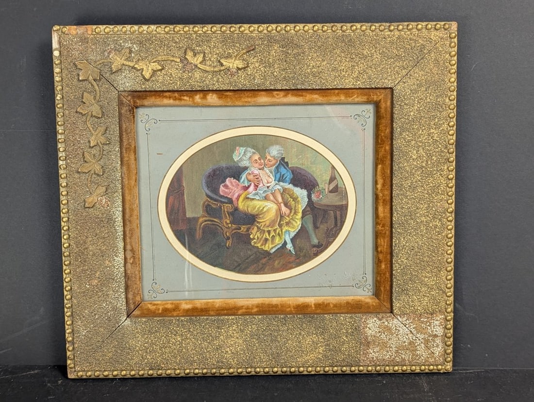 Antique French 19th Century Framed Artwork with Courting Scene: **Important** Please read below description on how to avoid high shipping costs. Presenting a captivating piece of art from the 19th century French School, featuring a charming courting scene. This