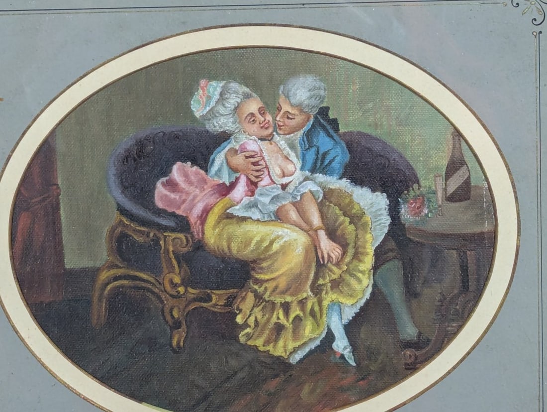 Antique French 19th Century Framed Artwork with Courting Scene - 2