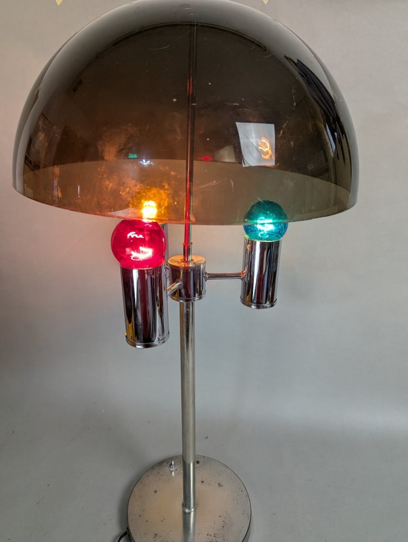 Vintage Chrome and Acrylic Table Lamp Mid Century Modern Lighting: **Important** Please read below description on how to avoid high shipping costs. This stunning Chrome and Acrylic Table Lamp stands 23 high and has a diameter of 16. The chrome features some wear, whi