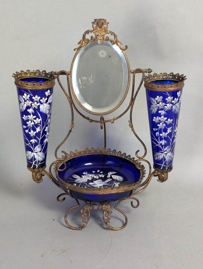 Antique Blue Glass Epergne Centerpiece with Expansive Mirror: **Important** Please read below description on how to avoid high shipping costs. Discover a stunning antique blue glass epergne centerpiece featuring an integrated mirror and two elegant vases, perfec