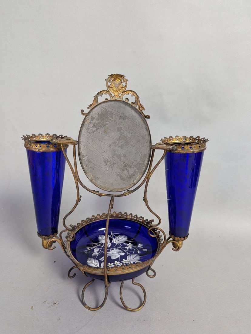 Antique Blue Glass Epergne Centerpiece with Expansive Mirror - 8