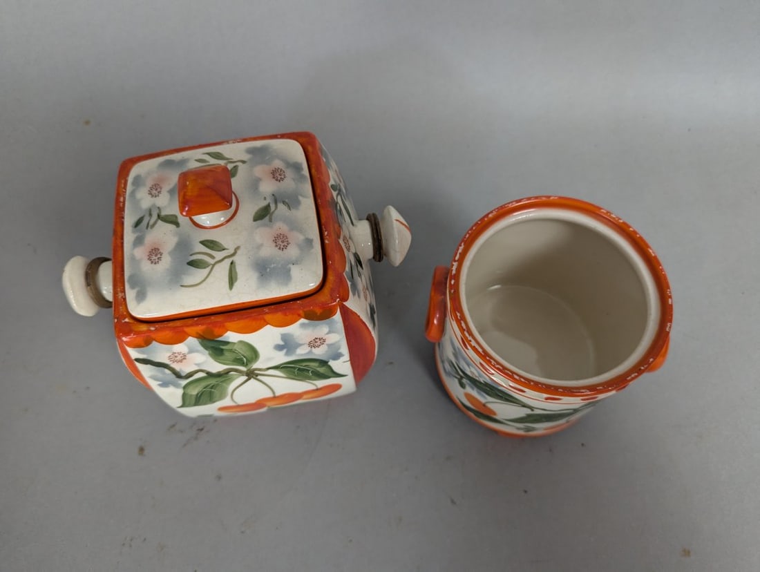 ERPHILA Art Pottery Container and Planter Set Vintage Handpainted Cherries - 2