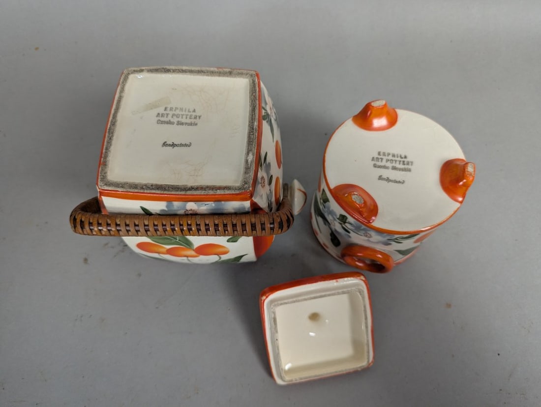 ERPHILA Art Pottery Container and Planter Set Vintage Handpainted Cherries - 6