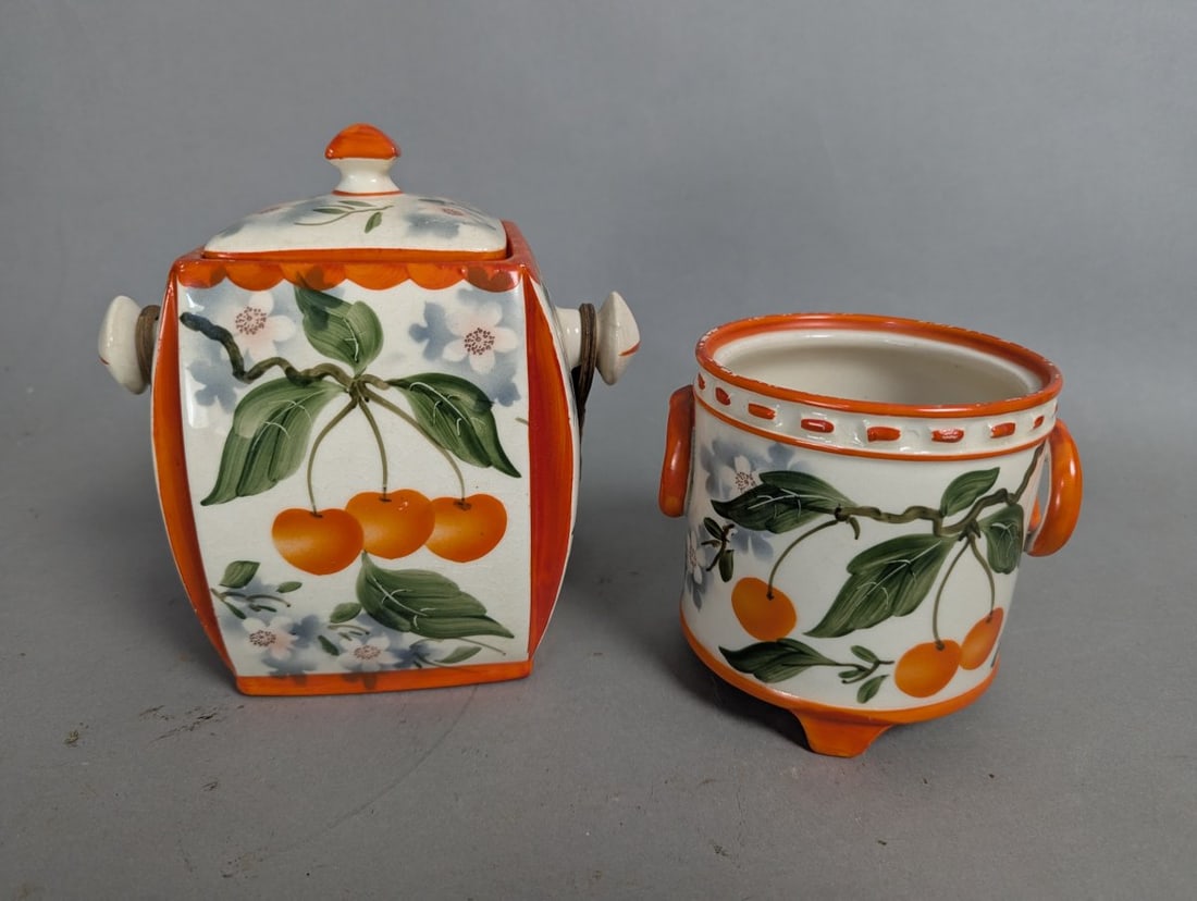 ERPHILA Art Pottery Container and Planter Set Vintage Handpainted Cherries - 8