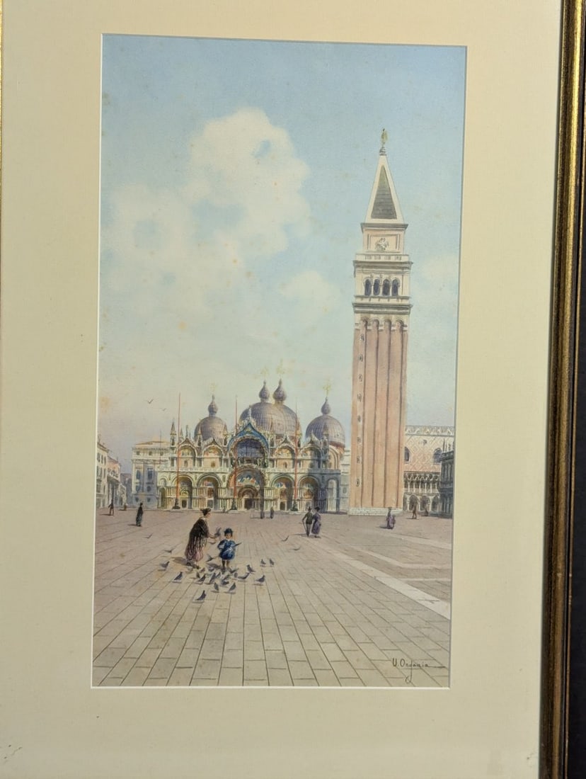 Large Framed Watercolor of Venice Piazza San Marco by Umberto Organia - 2
