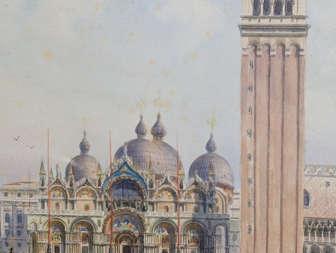 Large Framed Watercolor of Venice Piazza San Marco by Umberto Organia - 4