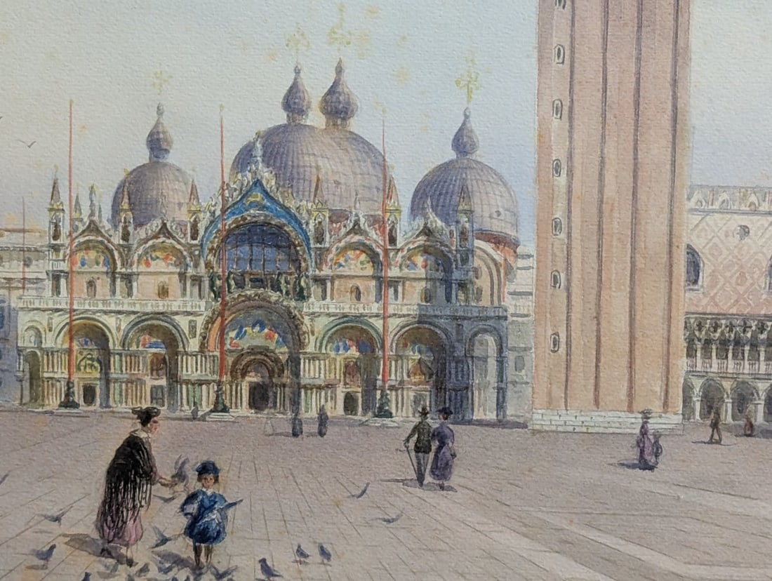 Large Framed Watercolor of Venice Piazza San Marco by Umberto Organia - 5