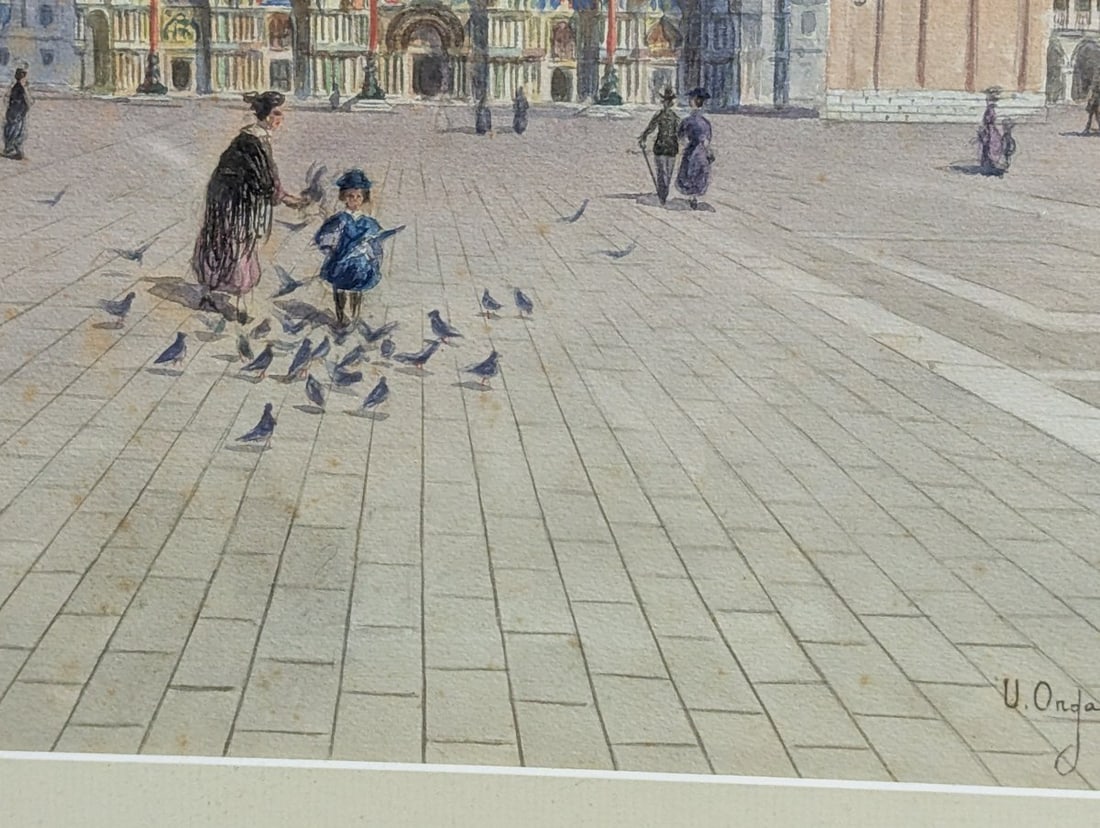 Large Framed Watercolor of Venice Piazza San Marco by Umberto Organia - 6