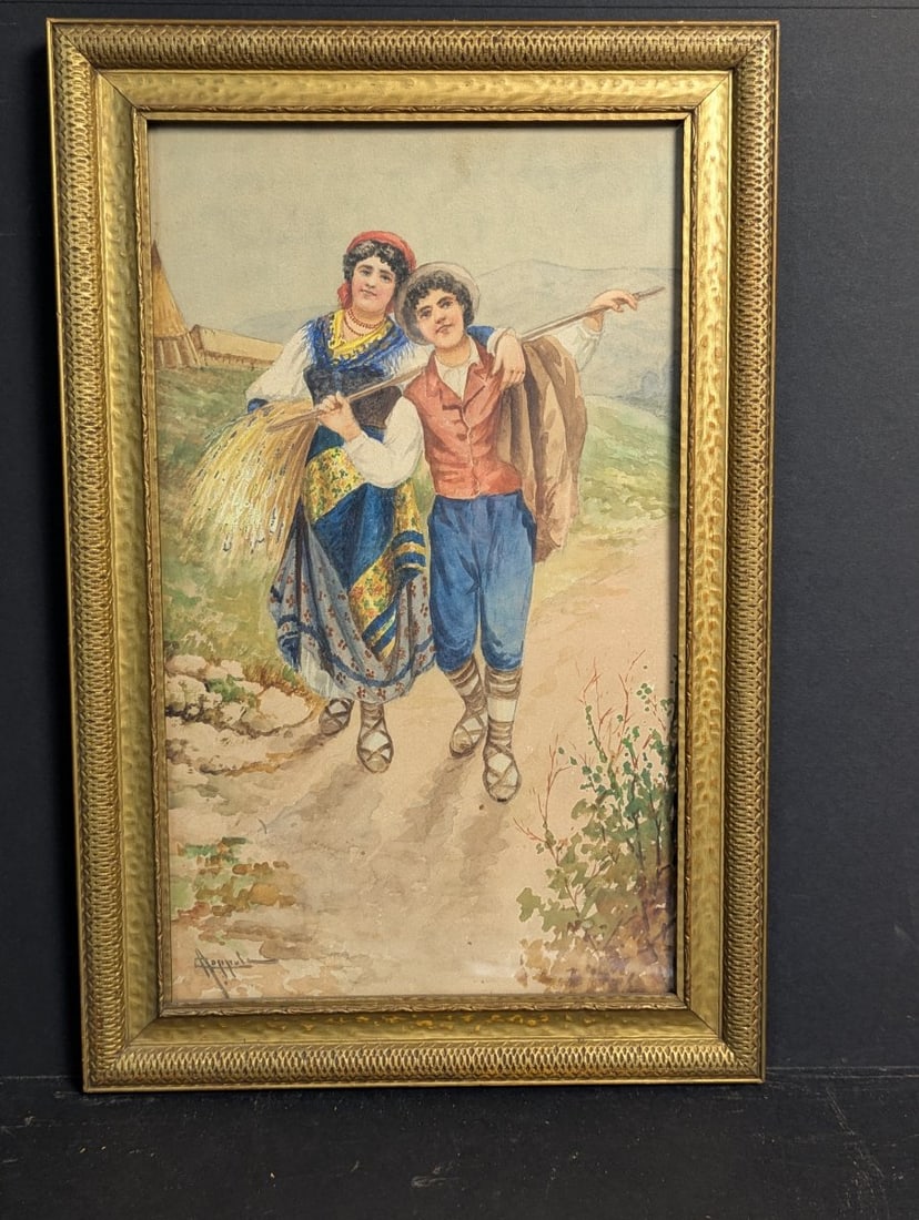 Antonio Coppola Neapolitan Genre Watercolor Painting Framed Under Glass: **Important** Please read below description on how to avoid high shipping costs. This exquisite watercolor painting framed under glass measures 15 1/2 x 23 1/2 inches, with a visible image size of 11