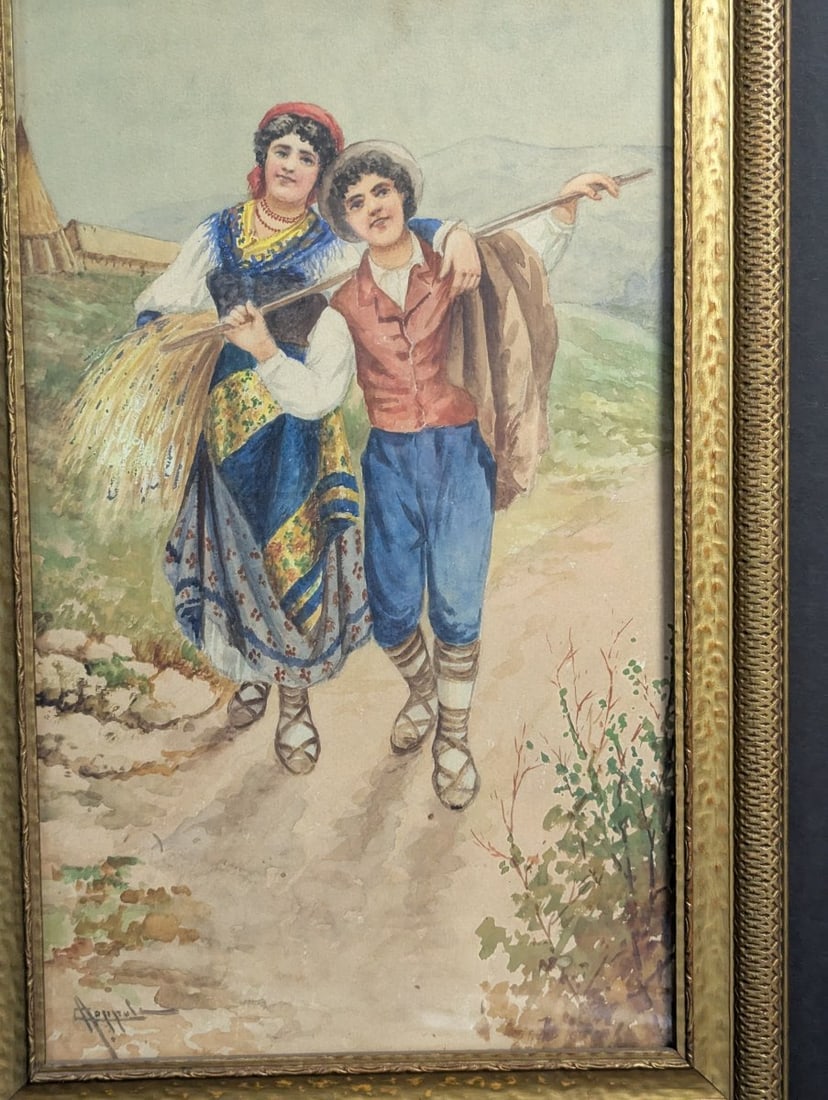 Antonio Coppola Neapolitan Genre Watercolor Painting Framed Under Glass - 2